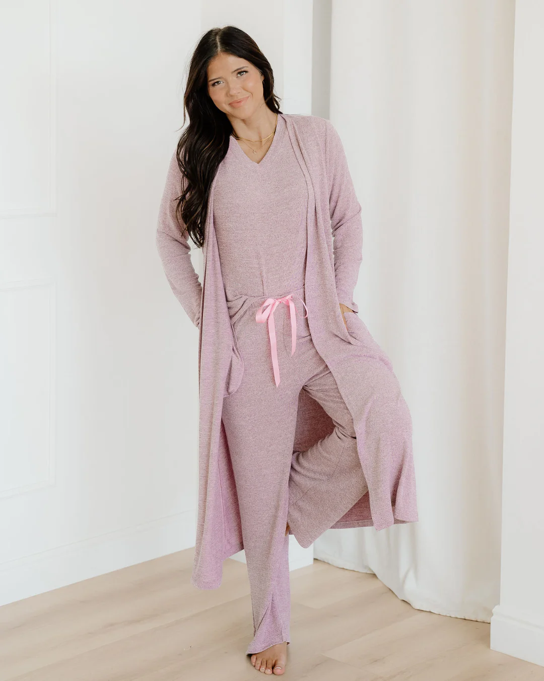 Maggie 3pcs V Neck T Shirt Ribbon Knot Pants Open Duster 3pcs Lounge Set - Rose - Image 3