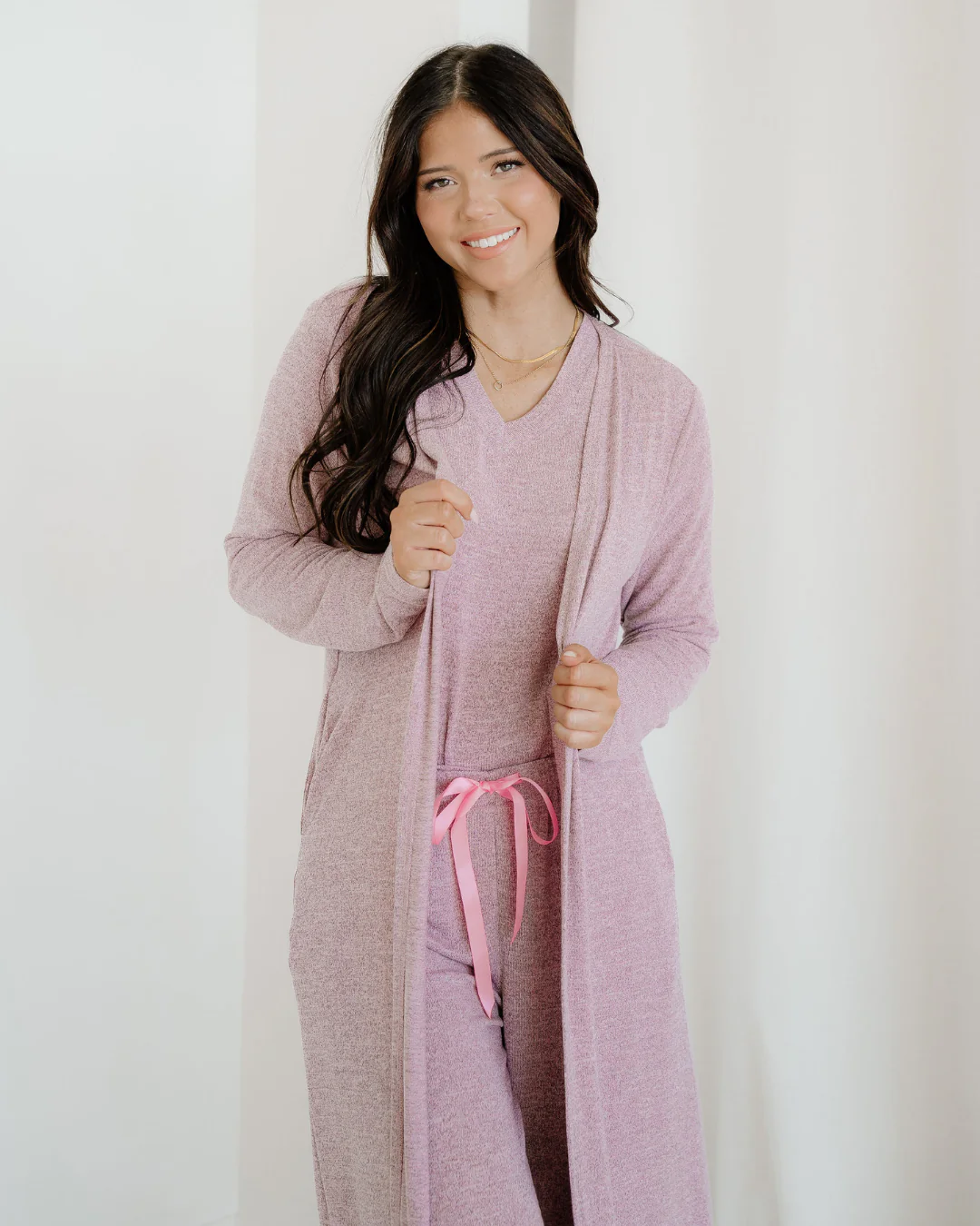 Maggie 3pcs V Neck T Shirt Ribbon Knot Pants Open Duster 3pcs Lounge Set - Rose - Image 4
