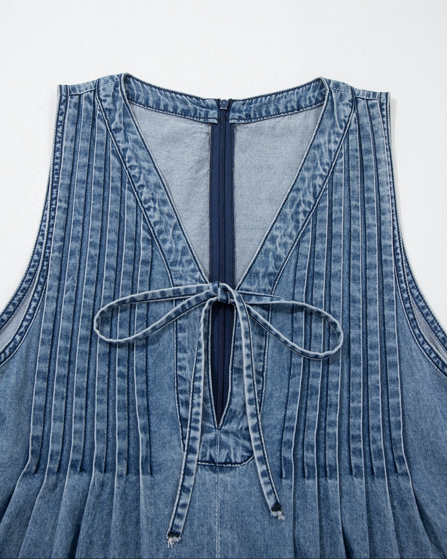 Melany Pintuck Tie V Neck Denim Wide Leg Jumpsuit - Image 4
