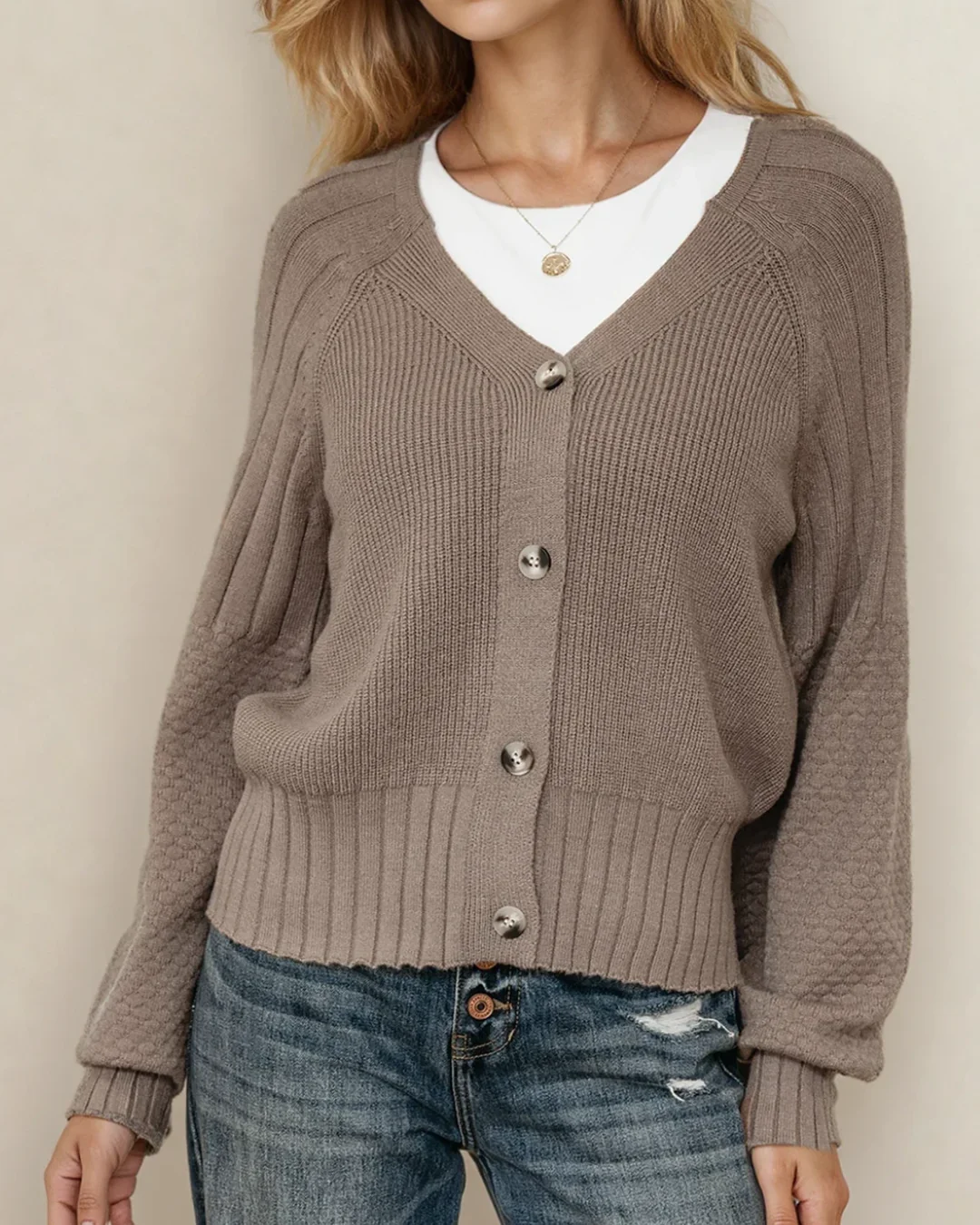 Jane Mixed Texture Knit Button V Neck Sweater Cardigan - Brown - Image 6
