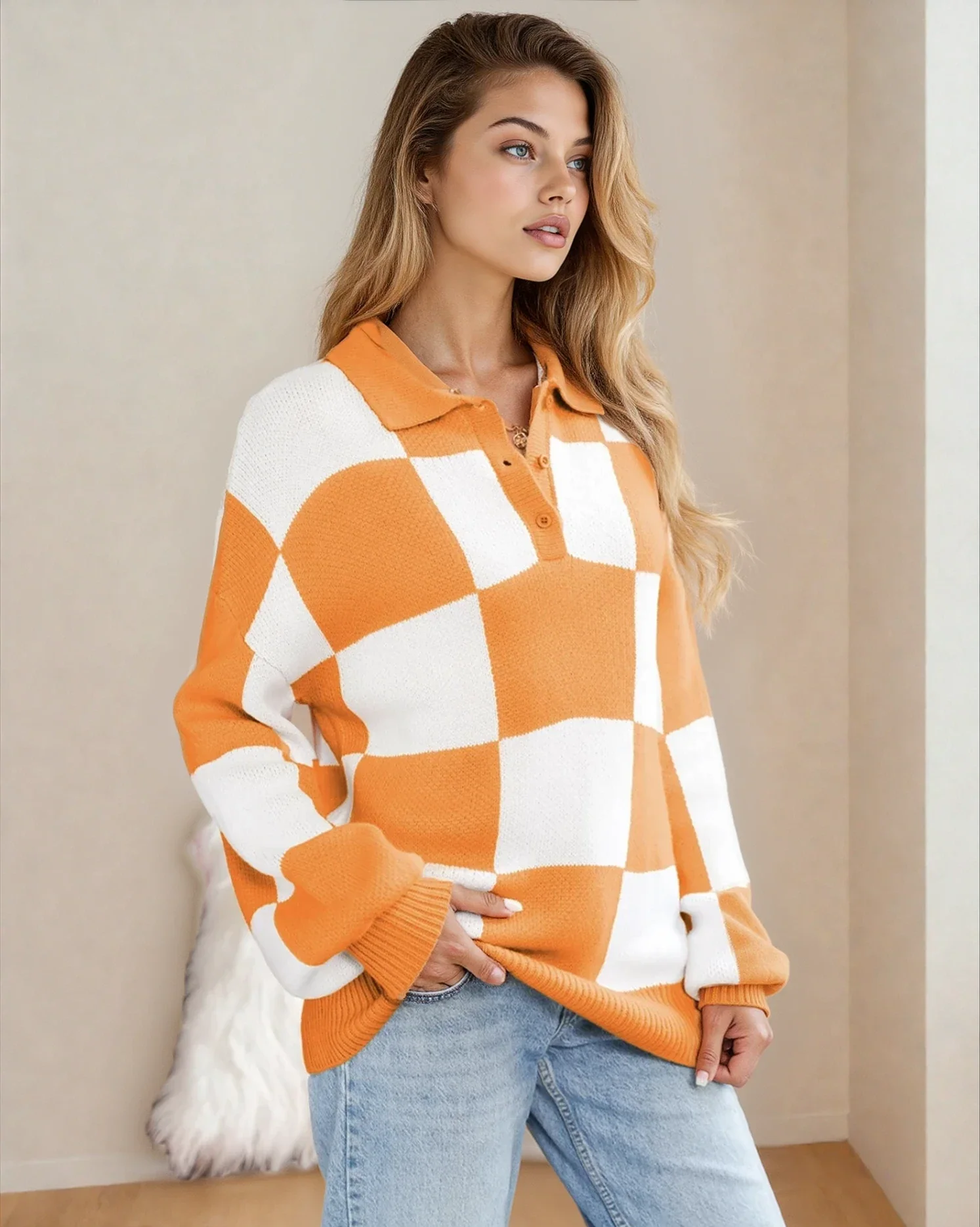 V Neck Checkered Sweater - Tangerine - Image 2