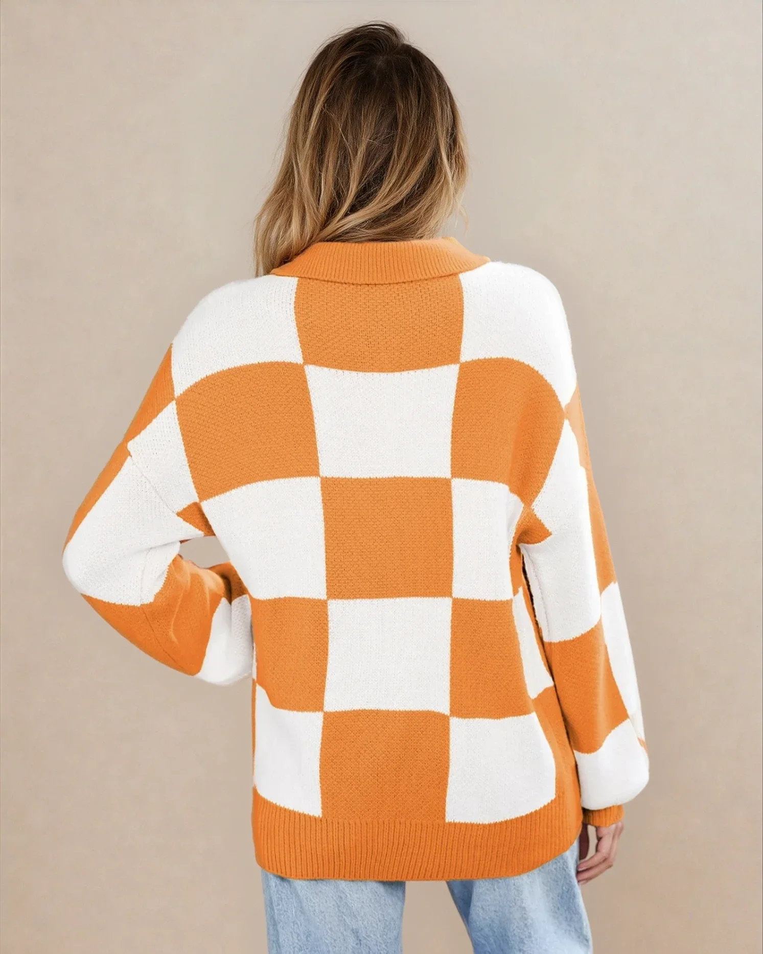 V Neck Checkered Sweater - Tangerine - Image 3