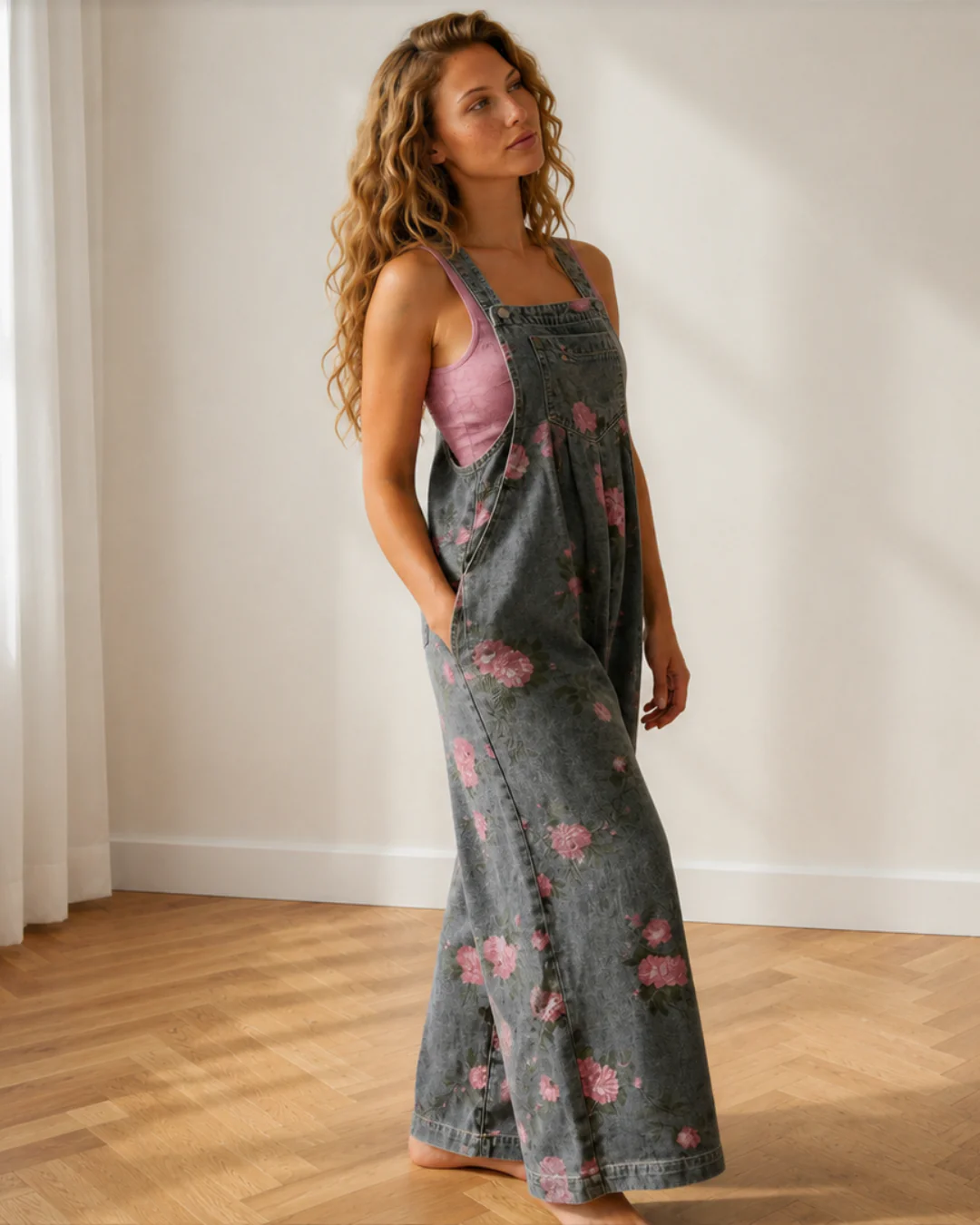 Pleated High Waist Wide Leg Denim Jumpsuit - Dark Wash - Image 2