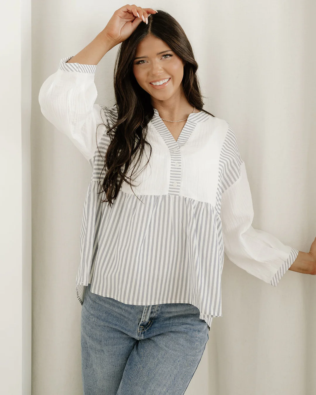 Morgan Half Button Gauze Patchwork Bracelet Sleeve Babydoll Blouse - Image 3