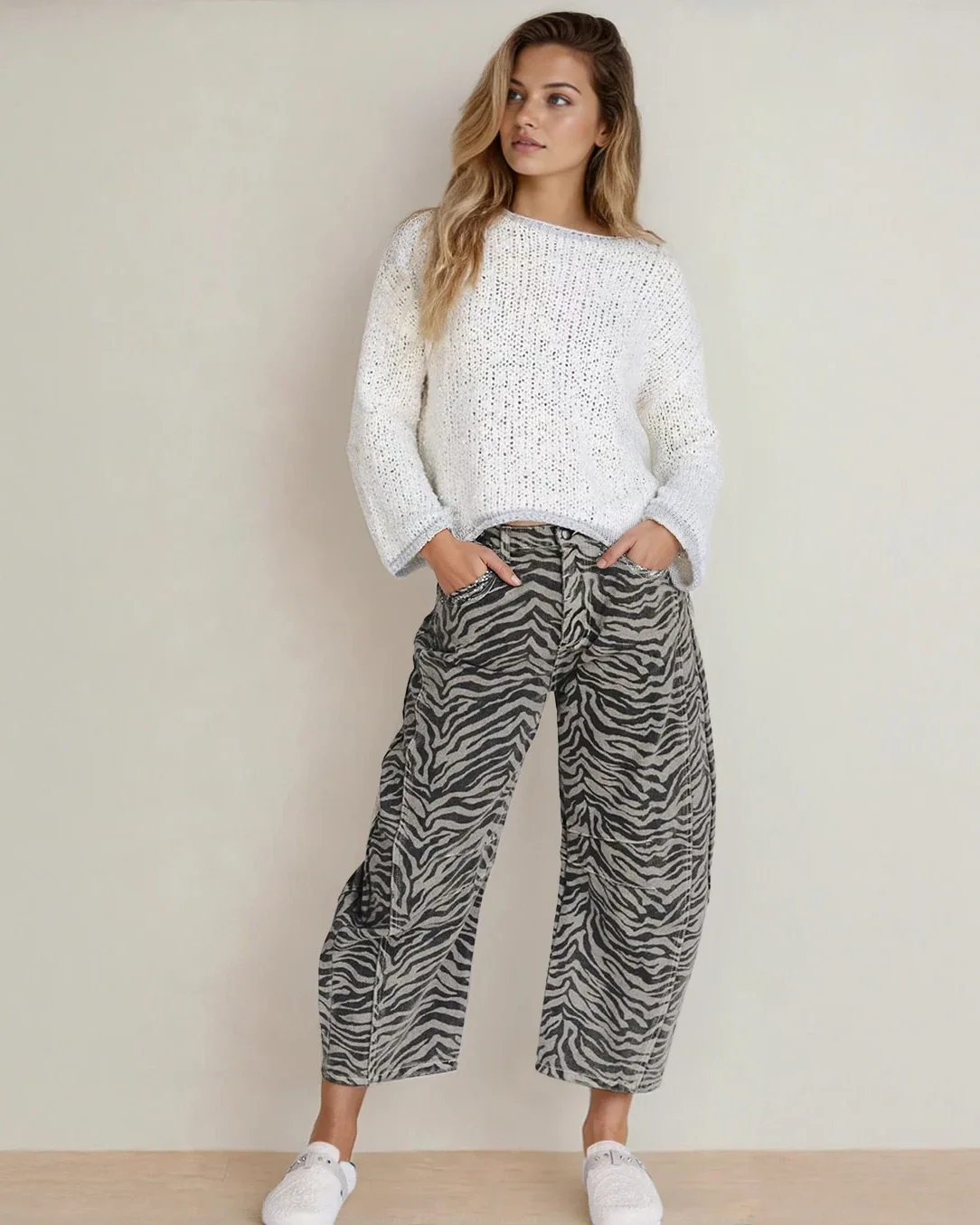 Hailey Zebra Stripe Printed Wide Leg Jeans - Image 3
