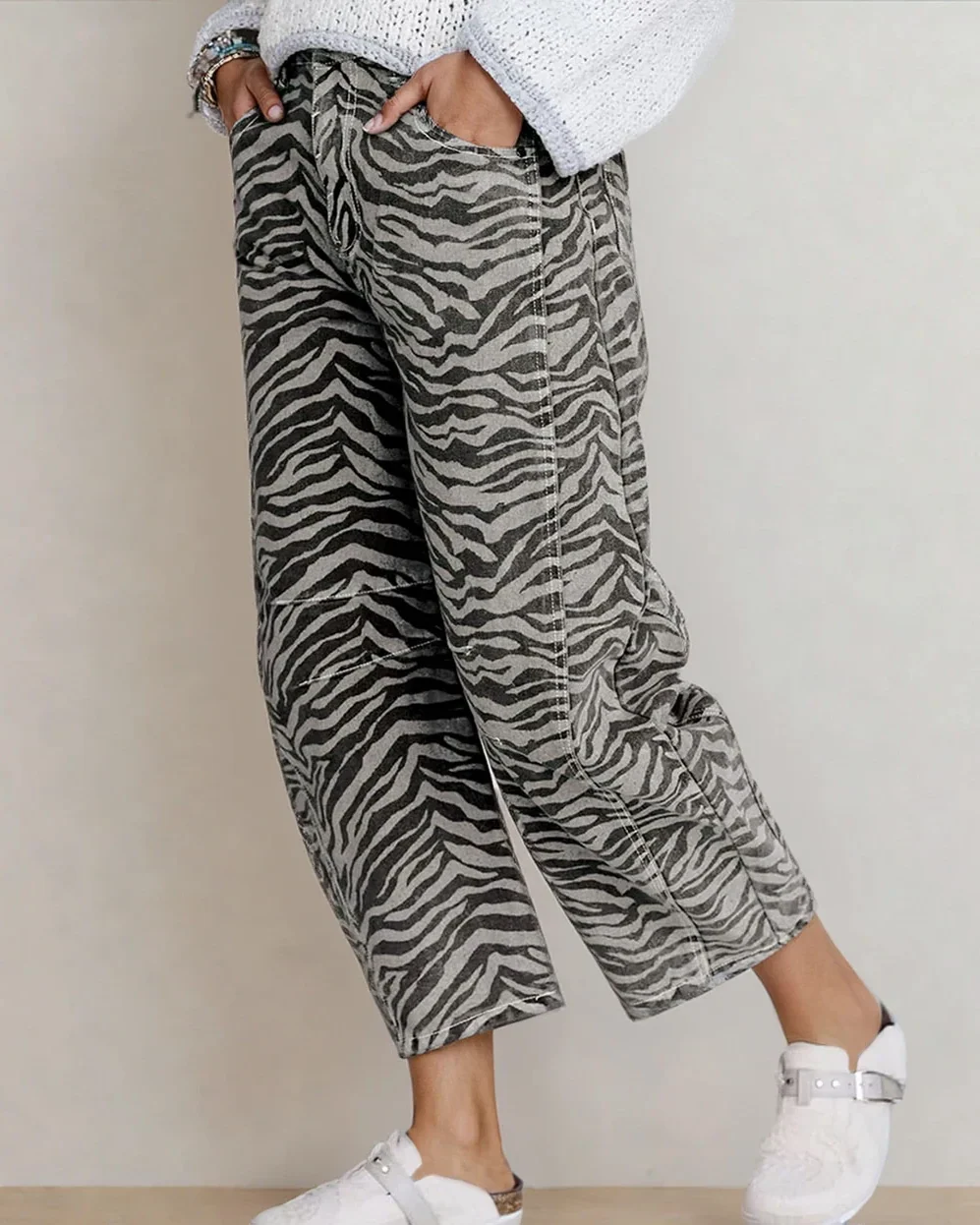 Hailey Zebra Stripe Printed Wide Leg Jeans - Image 4