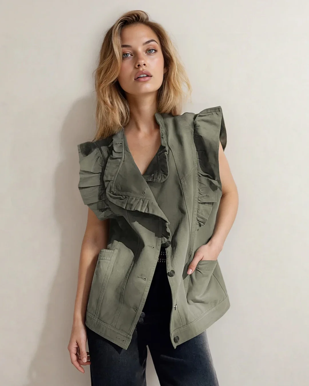 Margot Ruffle Plain Denim Jacket Vest - Green - Image 3