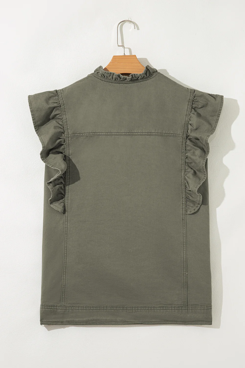Margot Ruffle Plain Denim Jacket Vest - Green - Image 7
