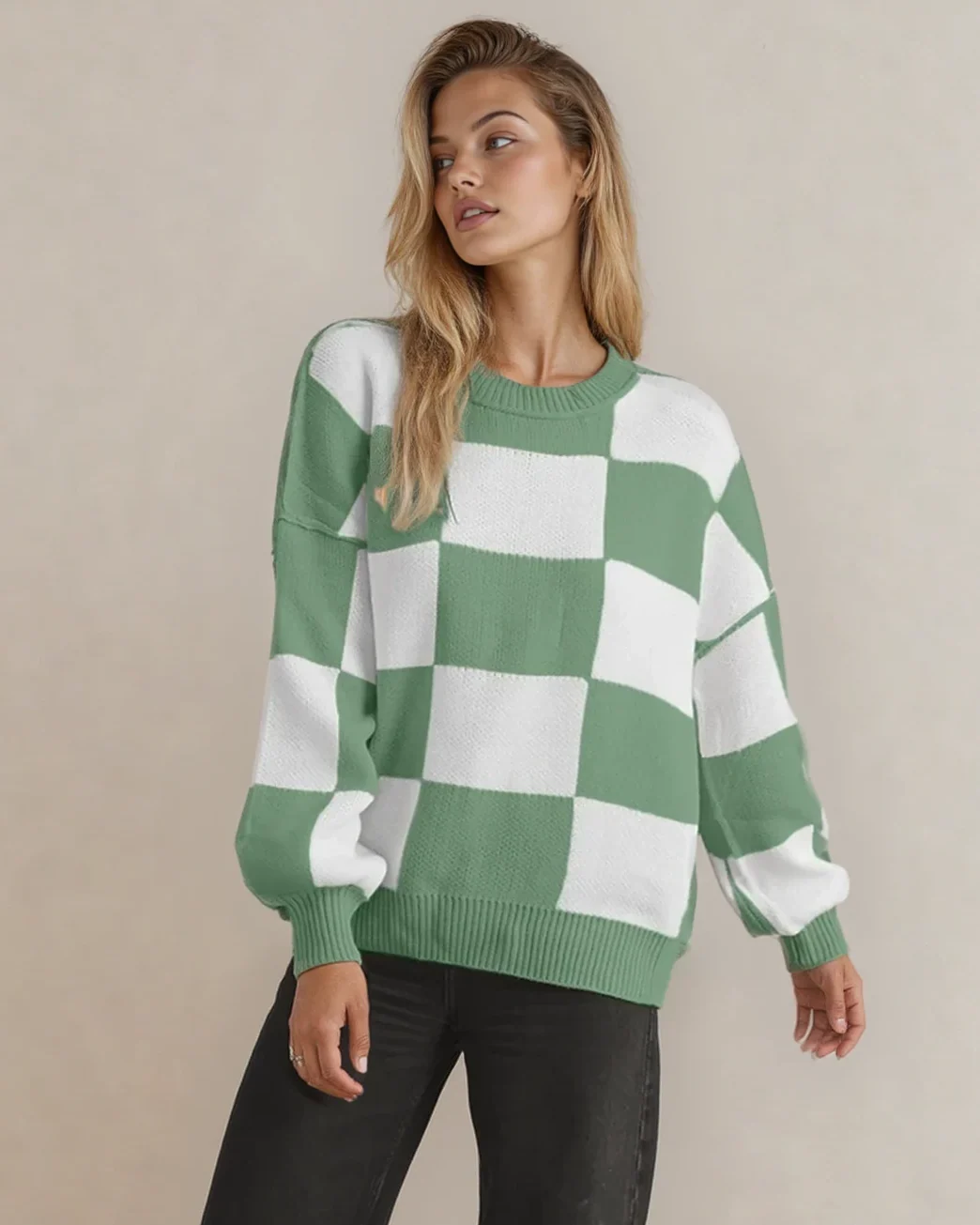 Checkered Crew Neck Sweater - Green - Image 2