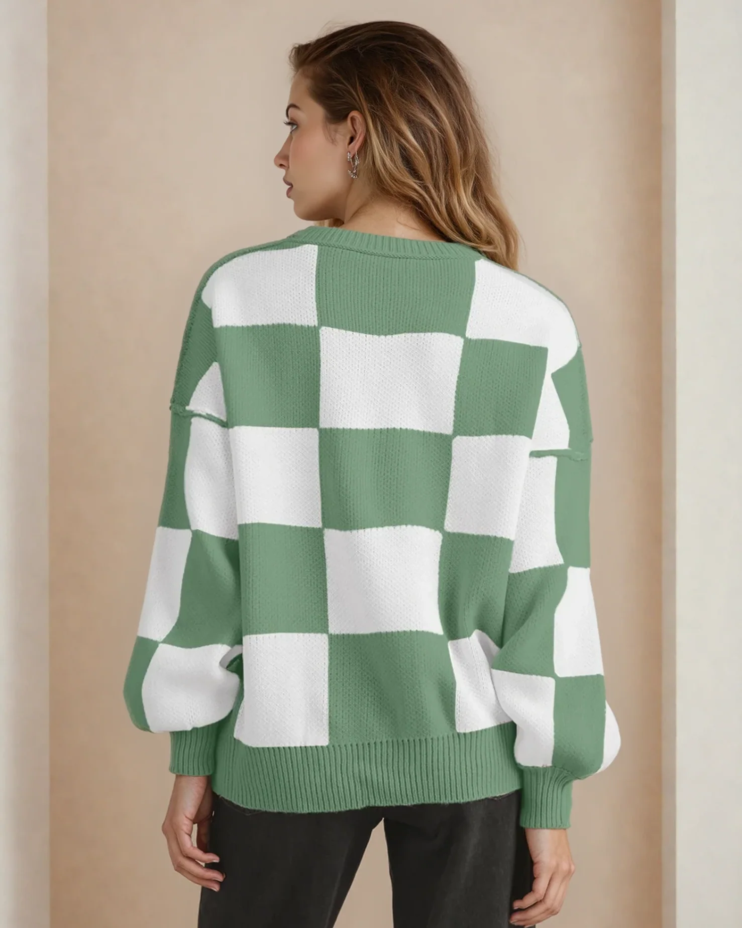 Checkered Crew Neck Sweater - Green - Image 3
