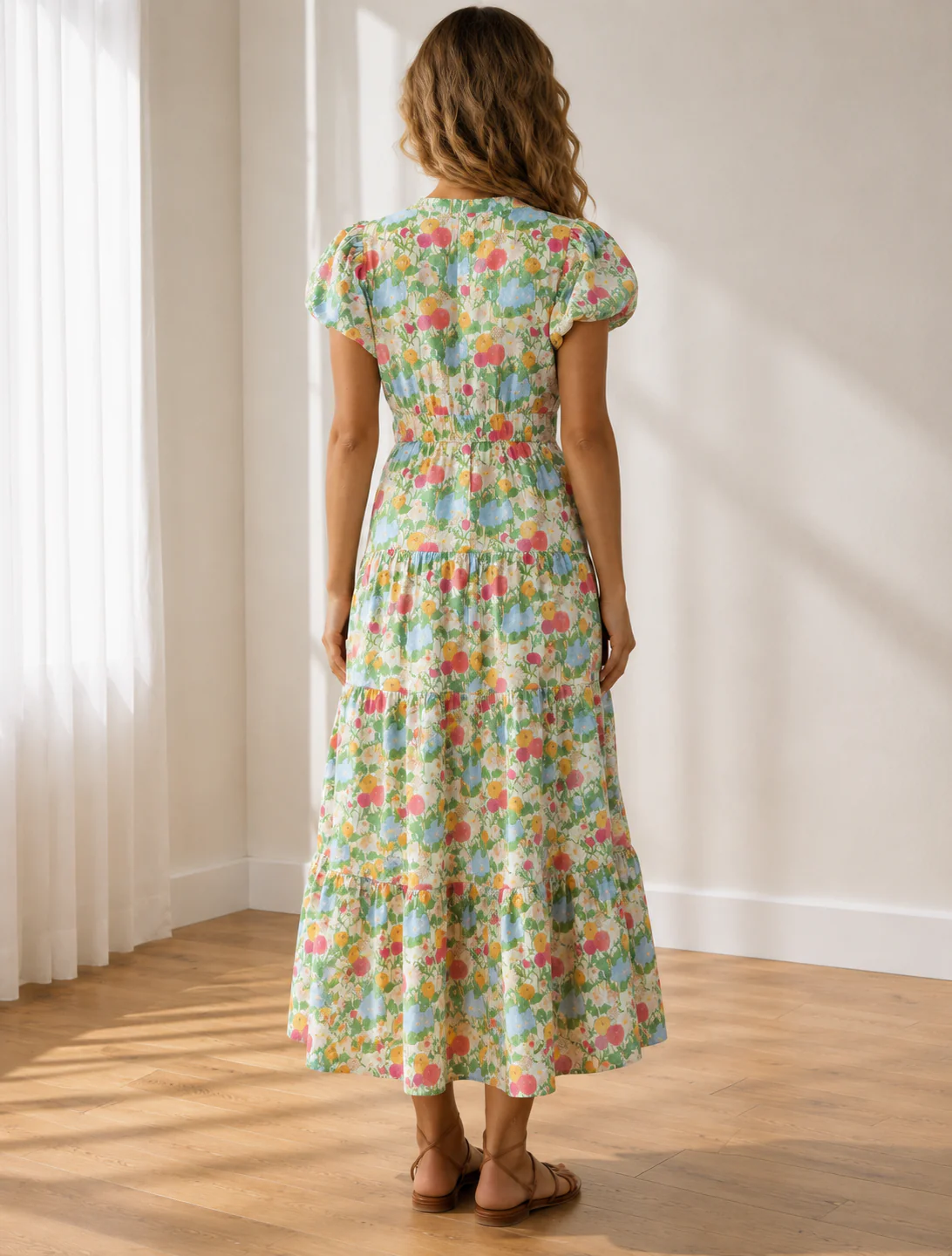 Jasmine Floral Print V Neck Short Puff Sleeve Cotton Maxi Dress - Image 3