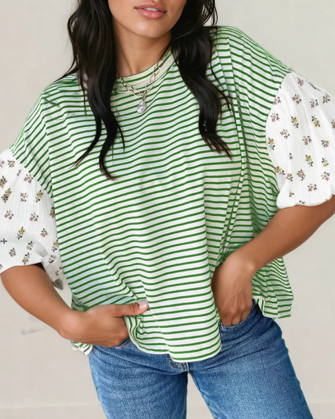 Aviva Puff Sleeve Patchwork Round Neck Loose Top - Green - Image 3