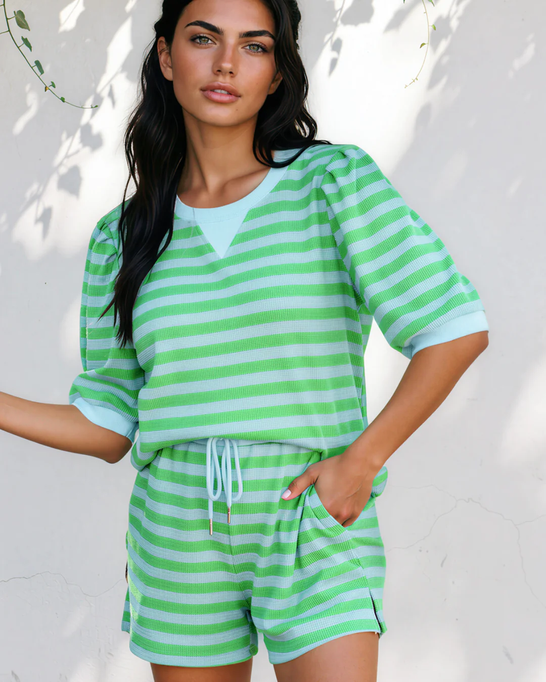 Sweet Escape Lounge Set Stripe Puff Short Sleeve T Shirt Matching Shorts Set - Green - Image 2