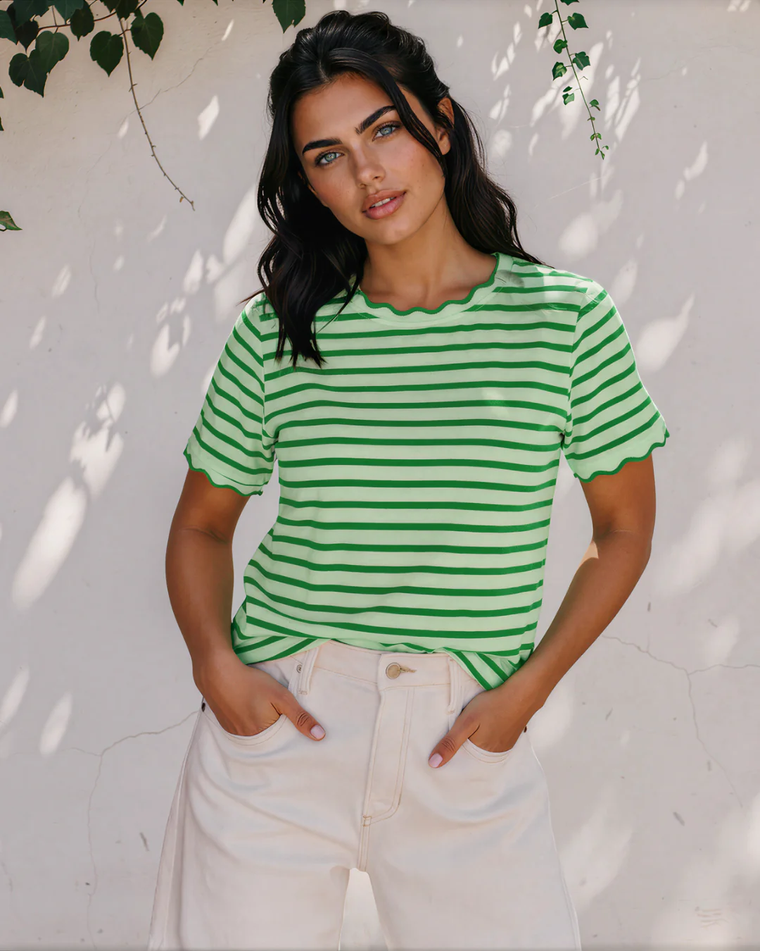 Collette Stripe Scalloped Trim Round Neck T Shirt - Bright Green