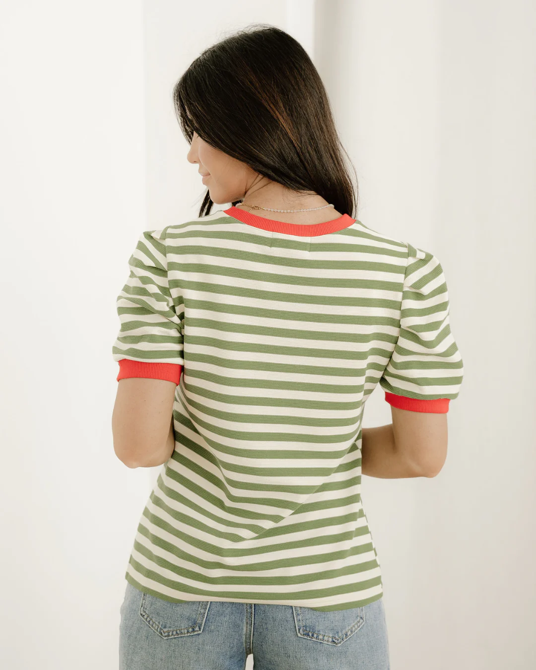 Kimberly Stripe Short Puff Sleeve Contrast Trim Round Neck Tee - Green - Image 5