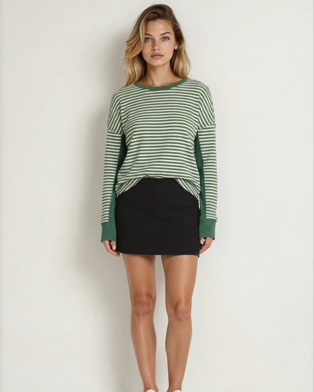 Vanessa Striped Patchwork Knit Drop Shoulder Top - Green - Image 4