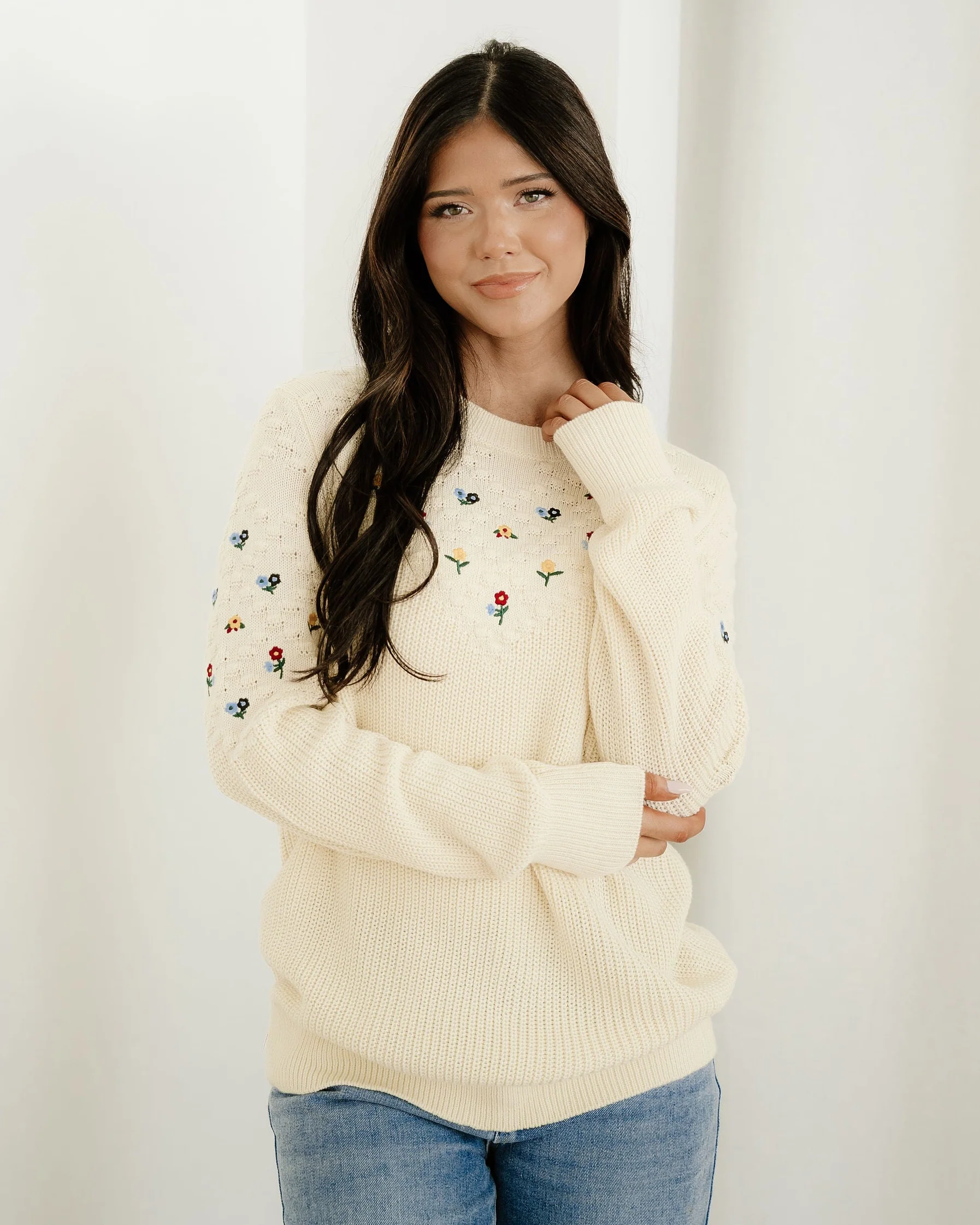 Gemma Mixed Texture Knit Flower Embroidered Detail Casual Sweater - Image 2