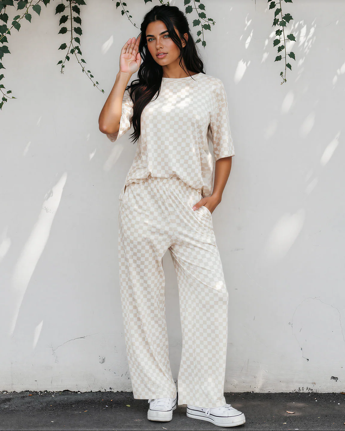 Checkered Print Half Sleeve Tee 2pcs Lounge Pant Set - Khaki - Image 3