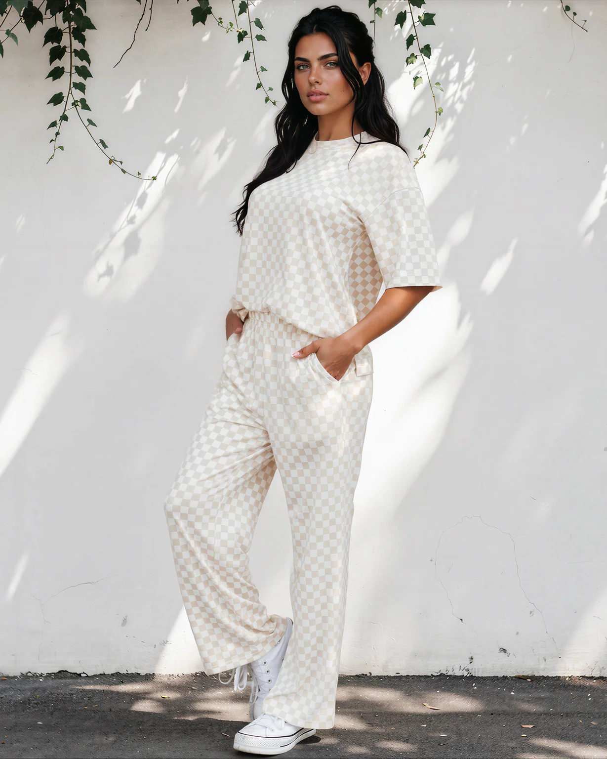 Checkered Print Half Sleeve Tee 2pcs Lounge Pant Set - Khaki - Image 4
