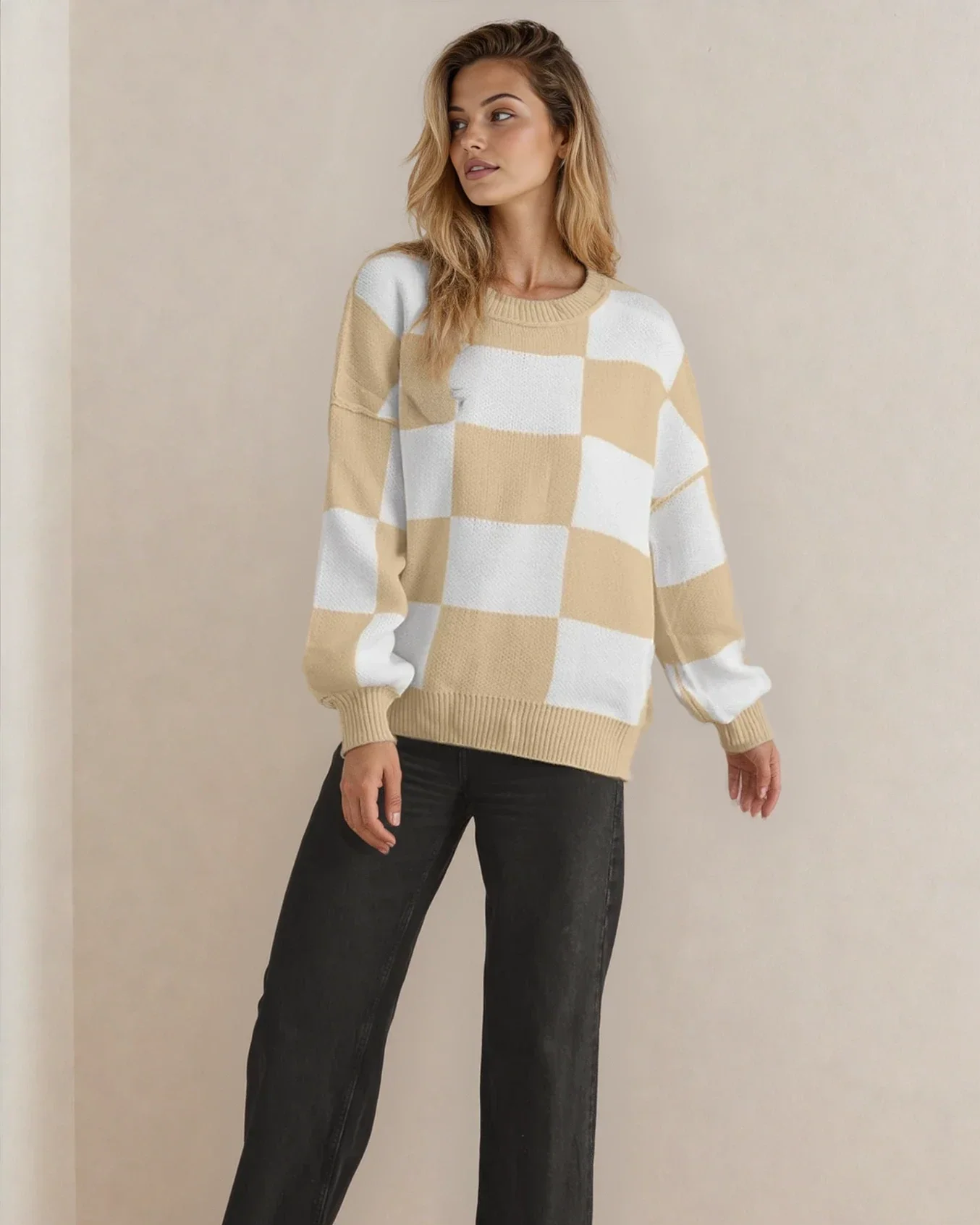 Checkered Crew Neck Sweater - Khaki - Image 2