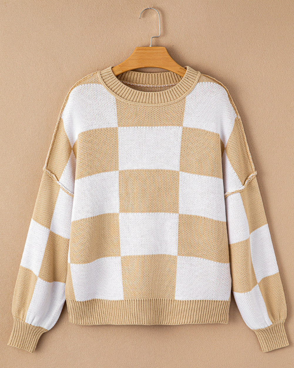 Checkered Crew Neck Sweater - Khaki - Image 5