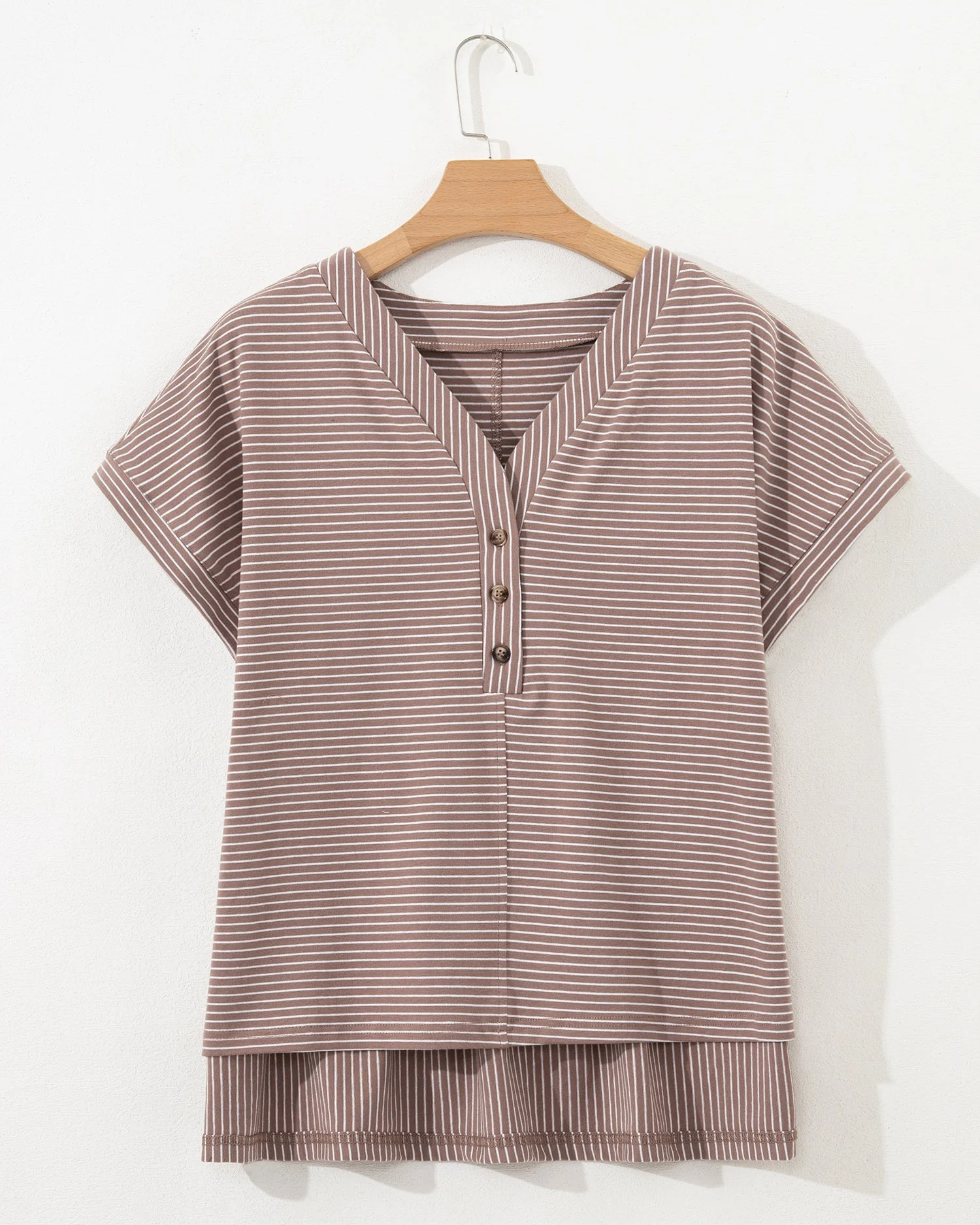 Jolie Stripe Buttoned V Neck High Low Side Slit T Shirt - Image 4