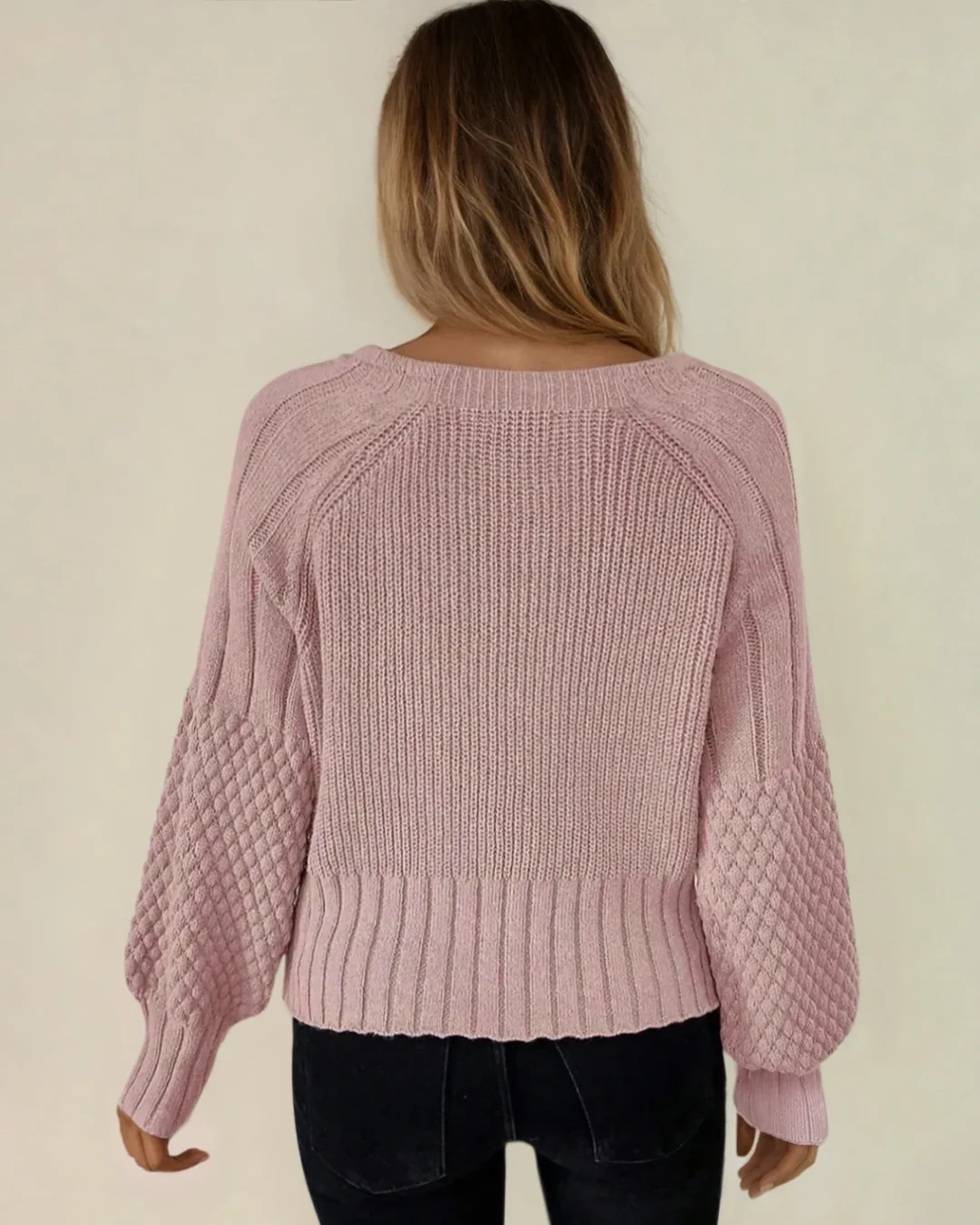 Jane Mixed Texture Knit Button V Neck Sweater Cardigan - Pink - Image 3