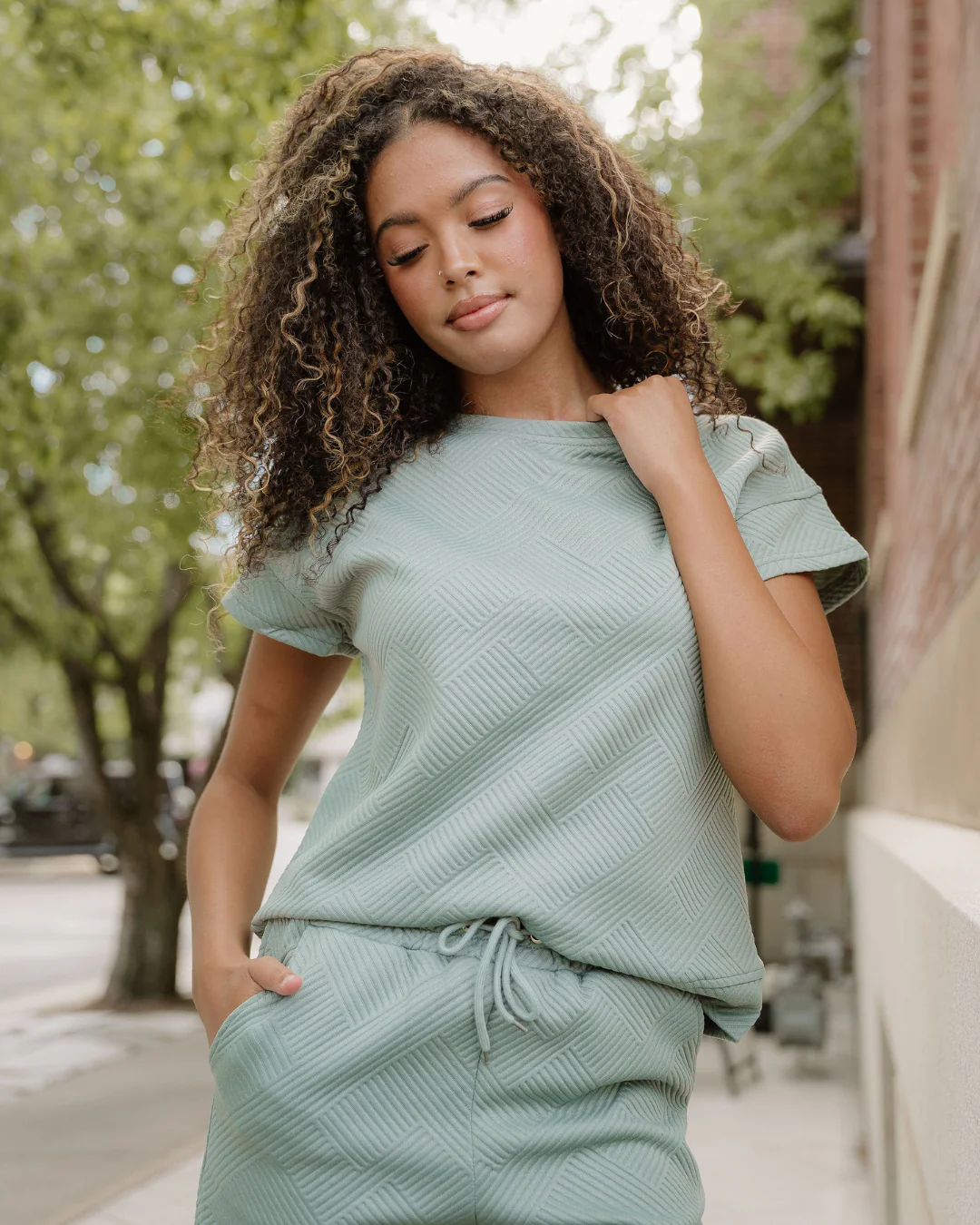 Astrid Textured Short Sleeve Top and Shorts Set - Seafoam - Image 4