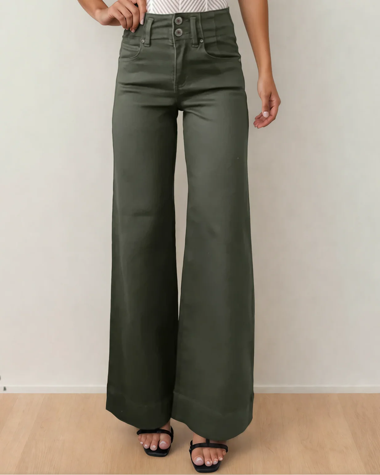 Brooke 2-Button High Waist Flared Bottom Jeans - Olive - Image 2