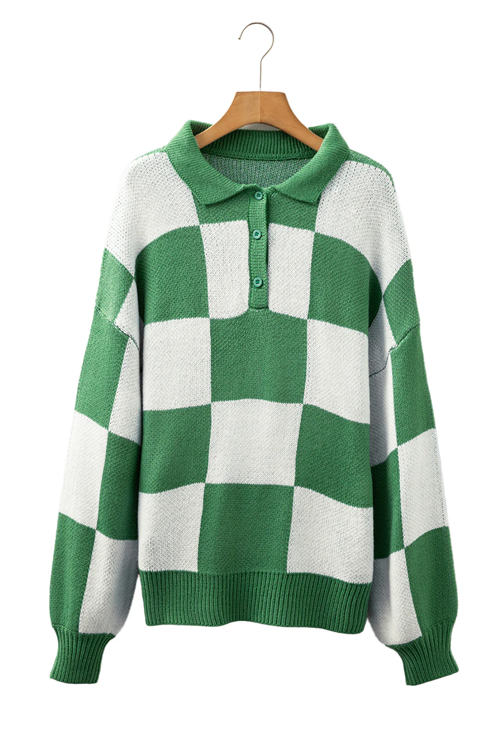 V Neck Checkered Sweater - Green - Image 10