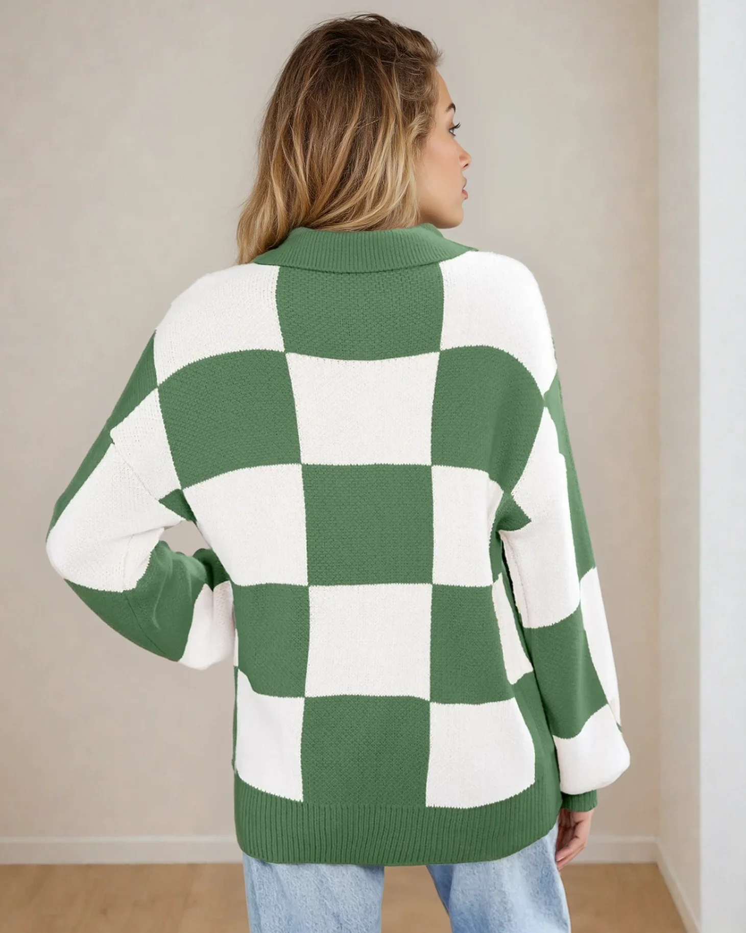 V Neck Checkered Sweater - Green - Image 4
