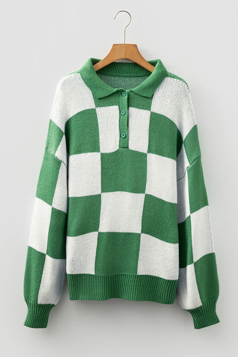 V Neck Checkered Sweater - Green - Image 5