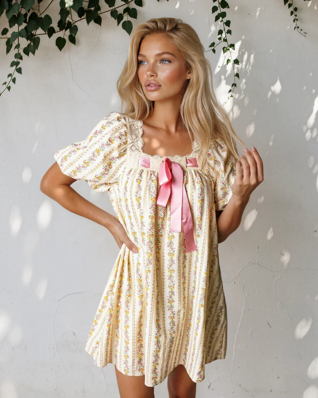 Birdie Floral Print Contrast Ribbon Bow Lace Trim Square Neck Mini Dress - Image 9