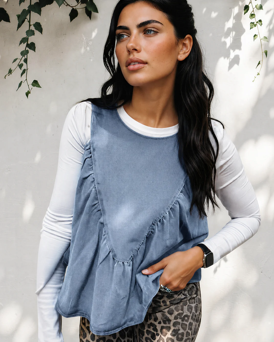 Goldie Denim Pleated Patchwork Sleeveless Top