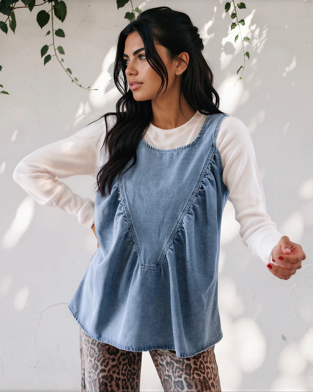 Goldie Denim Pleated Patchwork Sleeveless Top - Image 3