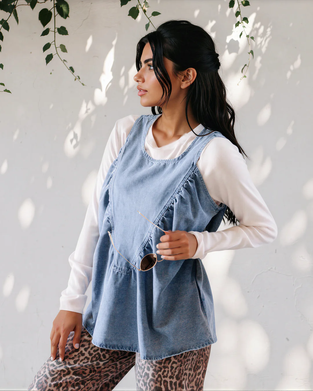 Goldie Denim Pleated Patchwork Sleeveless Top - Image 4