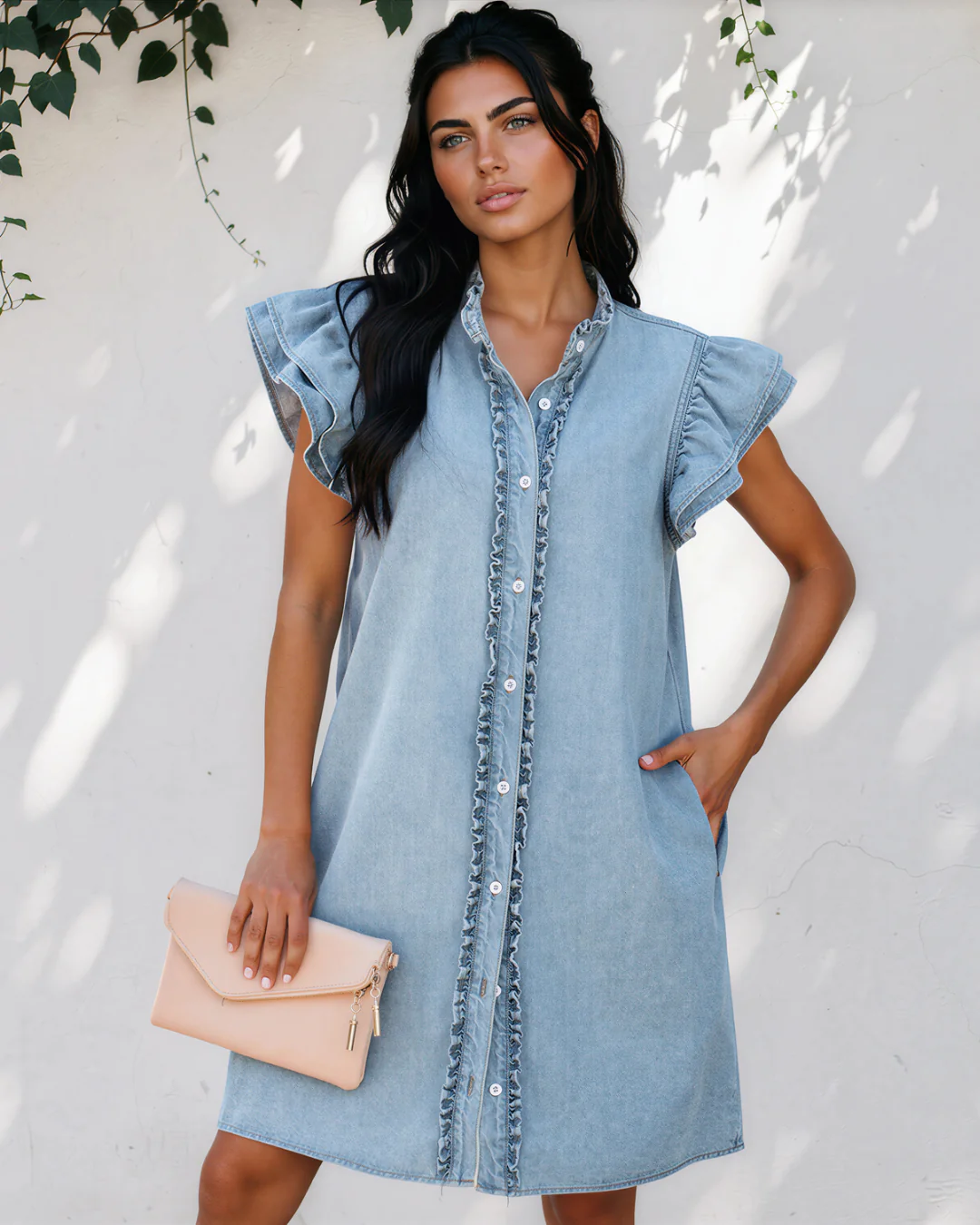 Nellie Frilled Detail Button Down Ruffle Short Sleeve Denim Mini Dress - Blue - Image 2