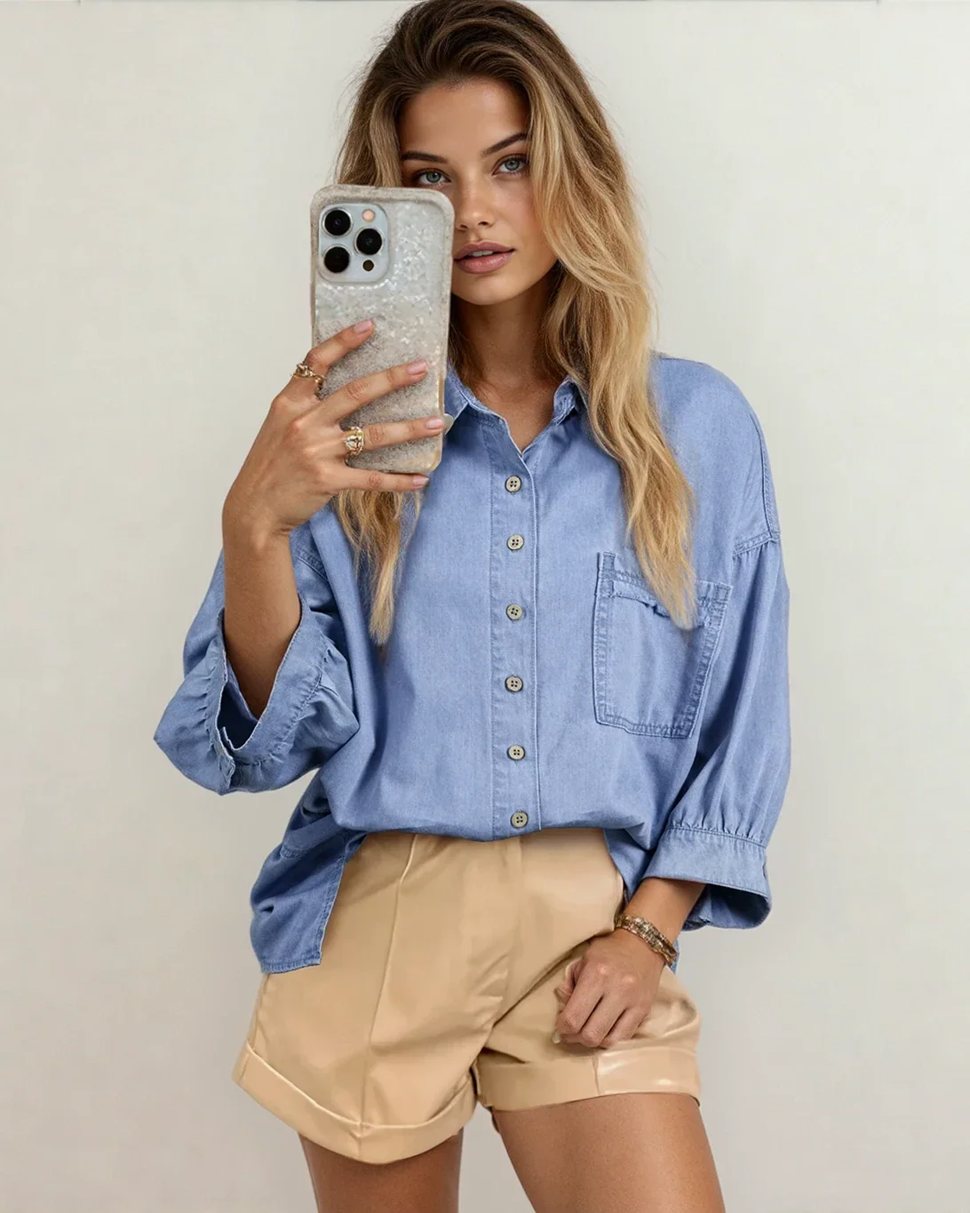 Blake Washed Drop Shoulder Bracelet Sleeve Chambray Shirt - Image 2