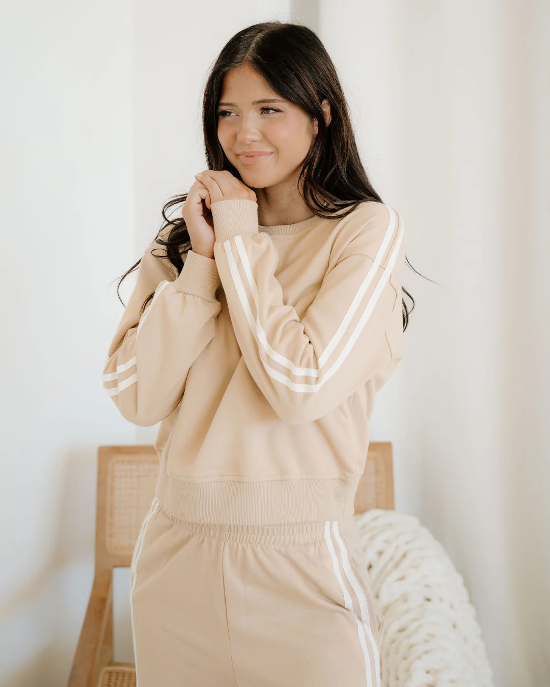 Varsity Pullover Wide Leg Pants 2pcs Outfit - Oatmeal - Image 3