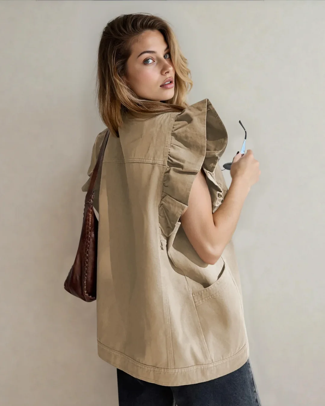 Margot Ruffle Plain Denim Jacket Vest - Khaki - Image 3