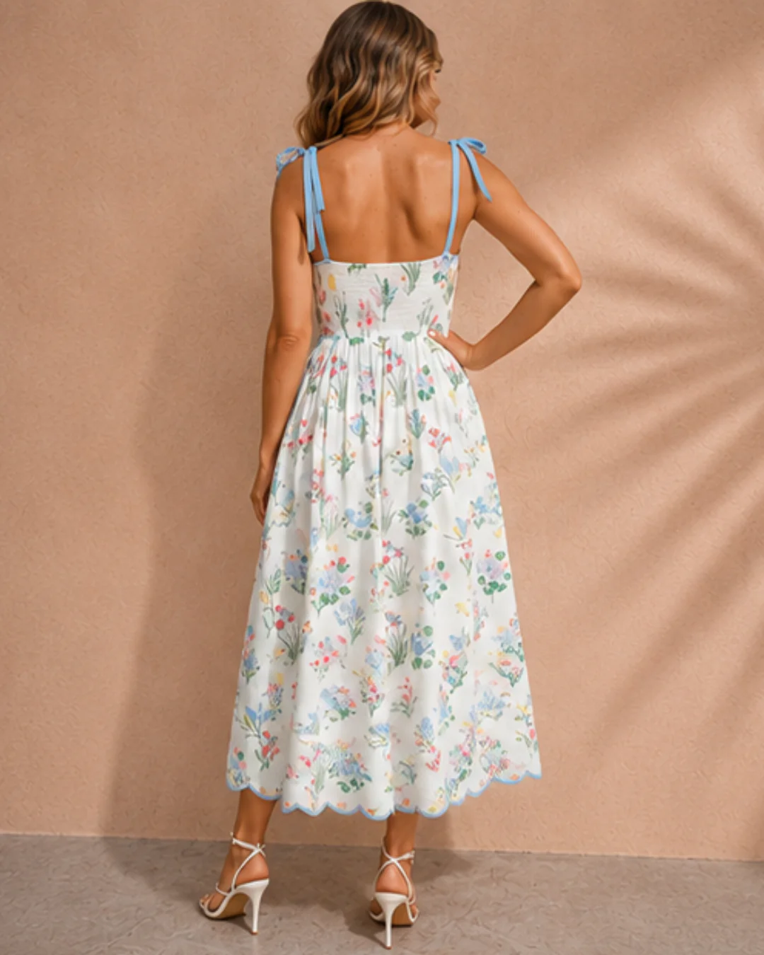 Laylani Floral Print Contrast Trim Self-tie Straps High Waist Midi Dress - Image 5