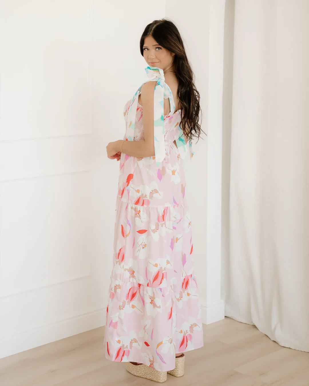 Sunshine Floral Print Knotted Shoulder Smocked Maxi Dress - Image 7