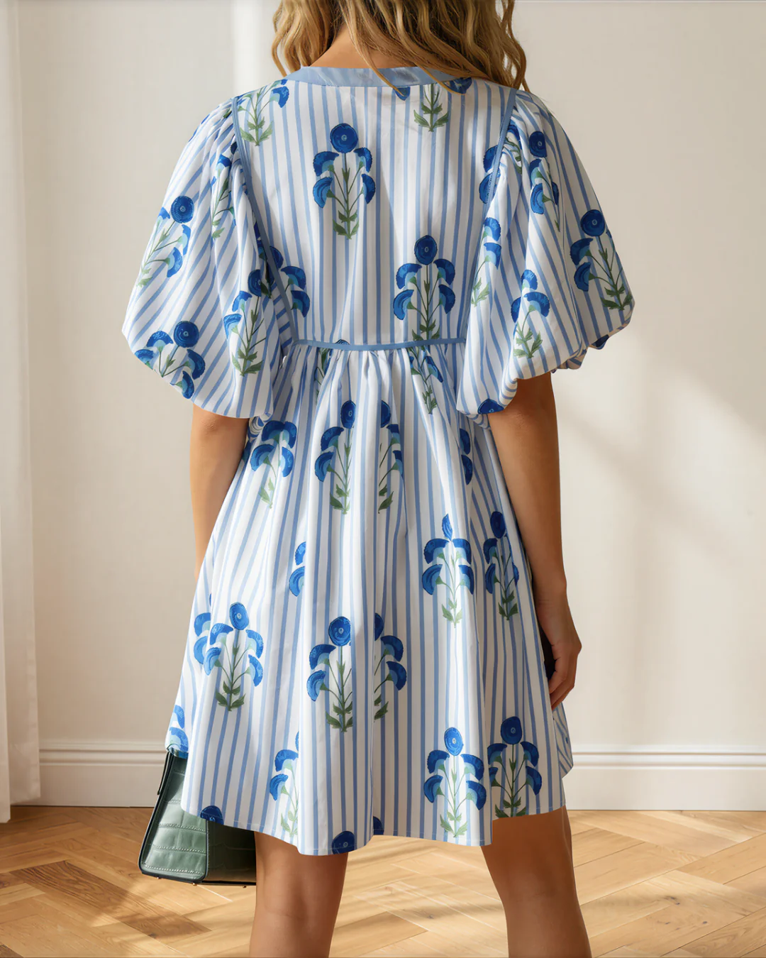 Catherine Floral Striped Print Tie Notched Neck Puff Sleeve Flared Mini Dress - Image 7