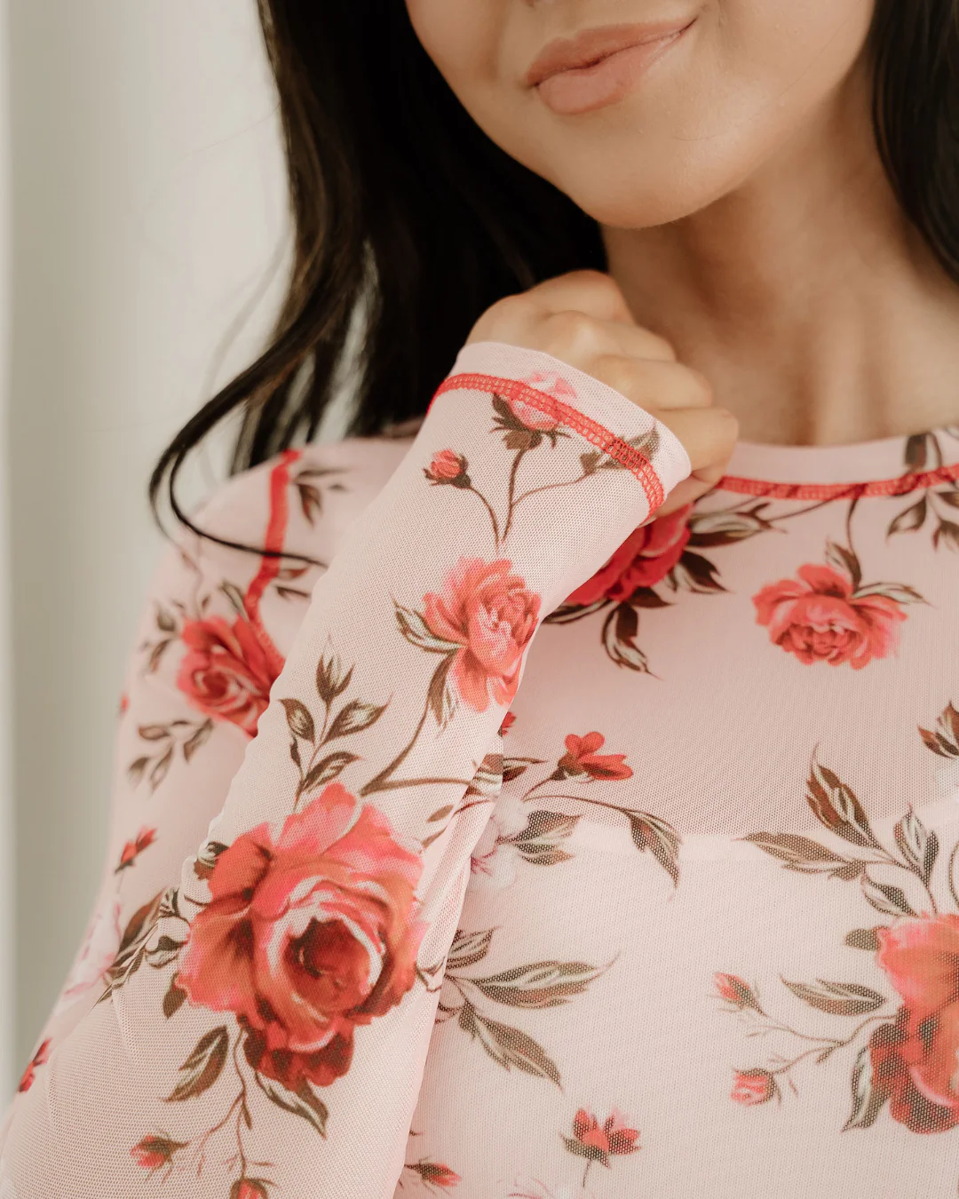 Rose Semi Sheer Crew Neck Long Sleeve Mesh Layering Top - Image 5