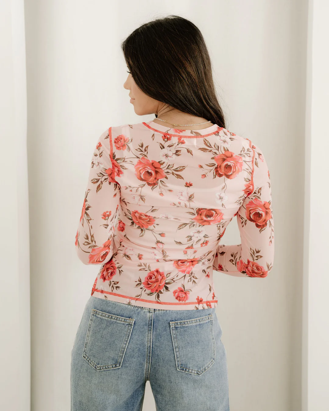 Rose Semi Sheer Crew Neck Long Sleeve Mesh Layering Top - Image 6