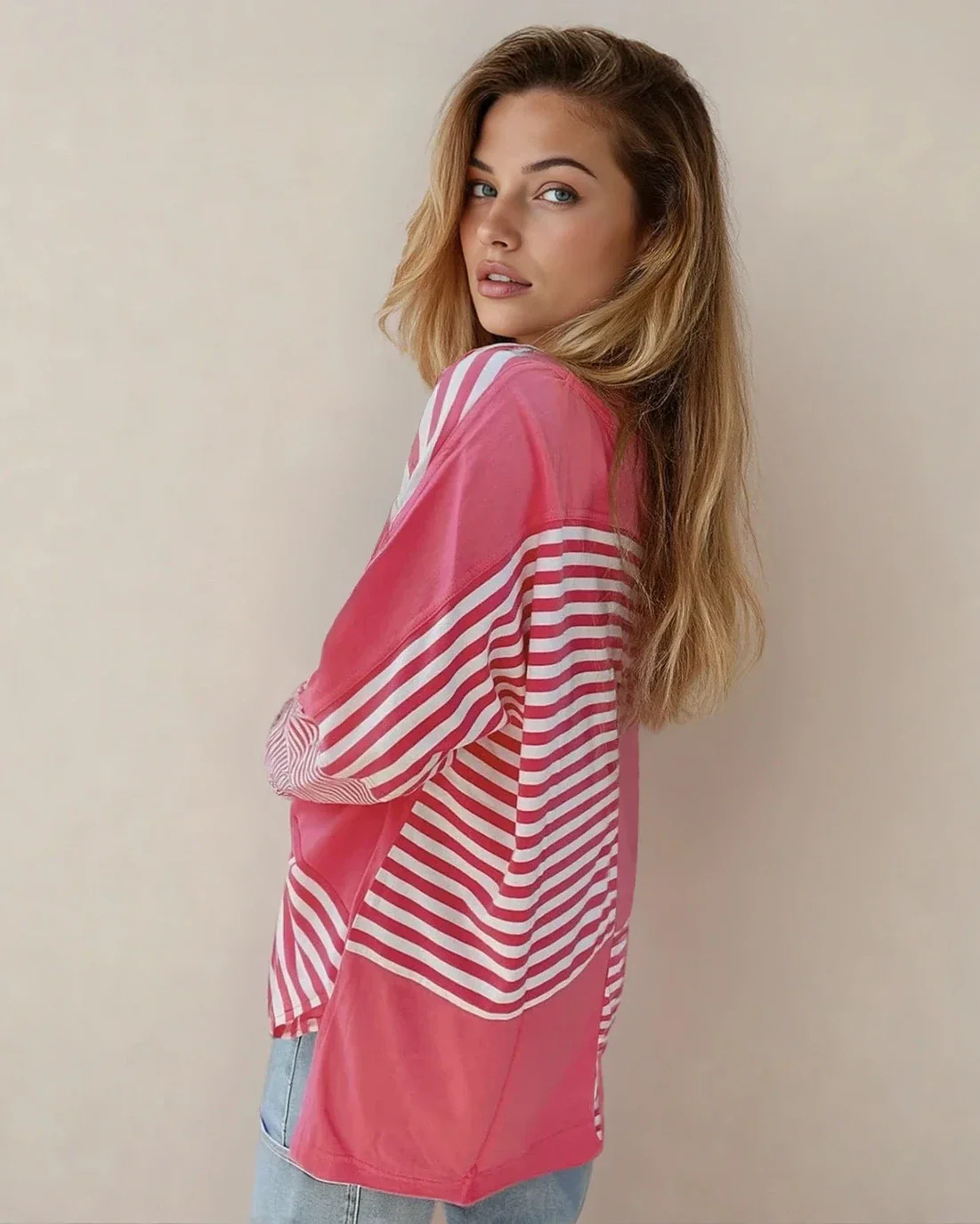 Stripe Color Block Patchwork Drop Shoulder Long Sleeve Tunic Top - Image 3