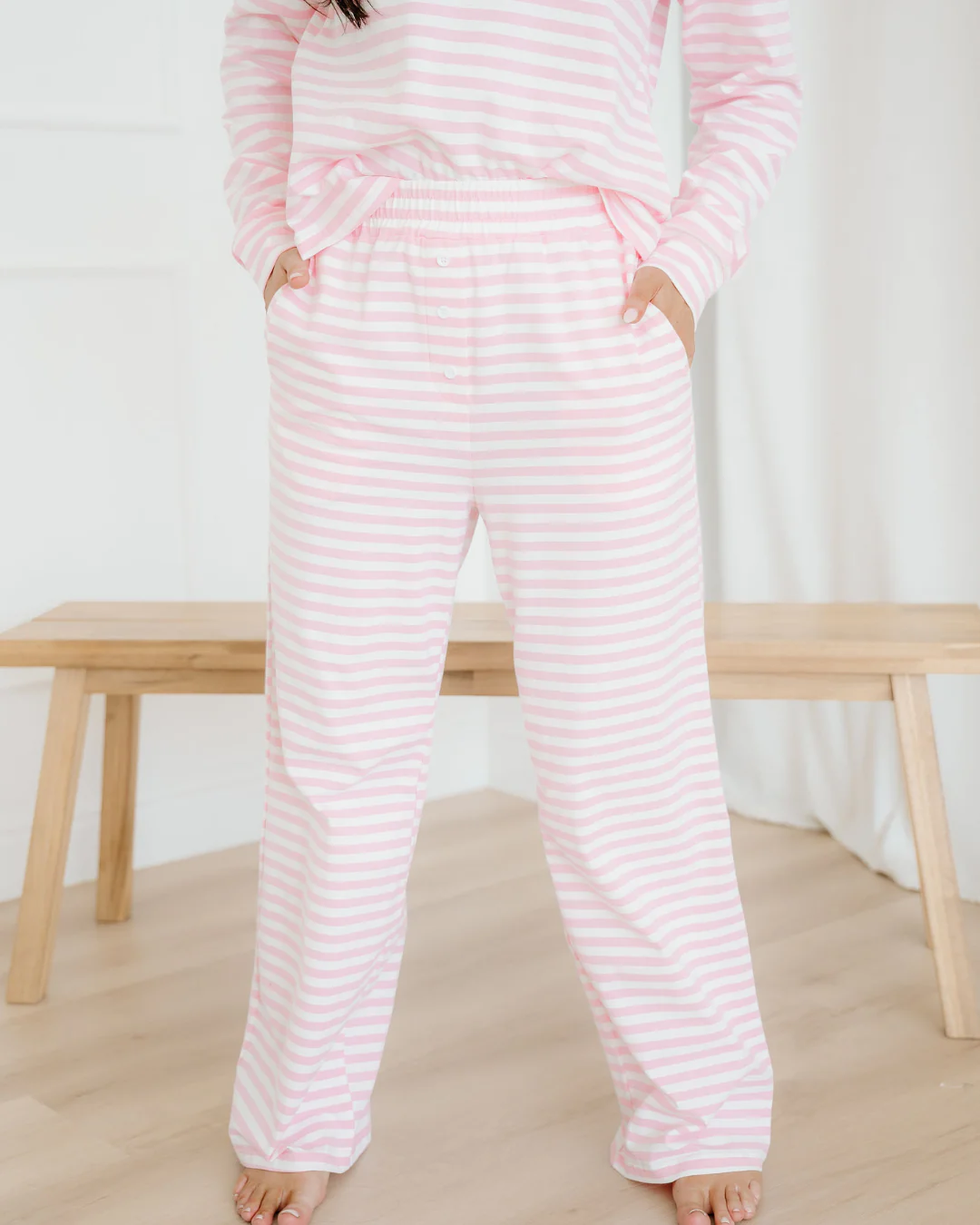 Thea Stripe Drop Shoulder Round Neck Top and Buttoned Straight Pants Two Piece Set - Image 6