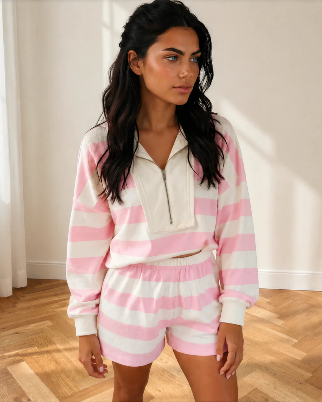 Evelyn Stripe Patchwork Zipper Pullover Elastic Waist Shorts 2pcs Set - Pink