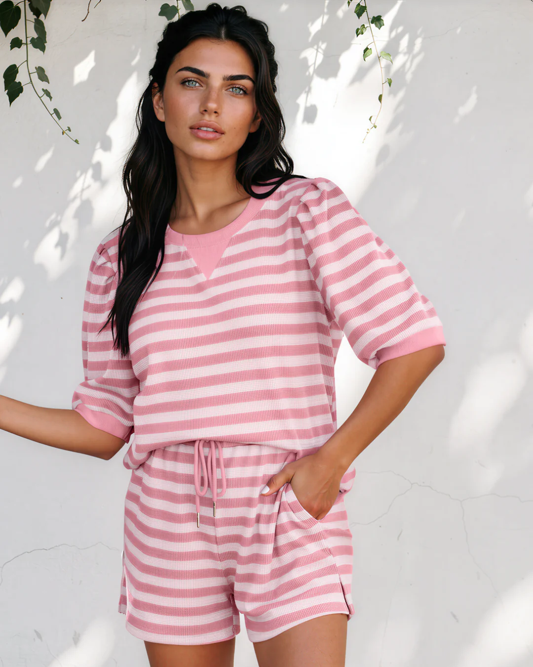 Sweet Escape Lounge Set Stripe Puff Short Sleeve T Shirt Matching Shorts Set - Pink