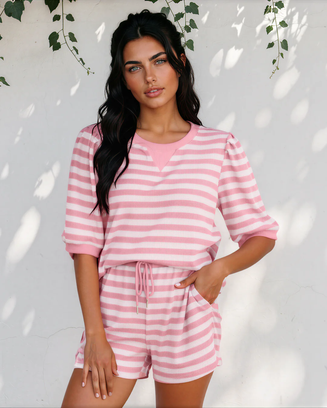 Sweet Escape Lounge Set Stripe Puff Short Sleeve T Shirt Matching Shorts Set - Pink - Image 3